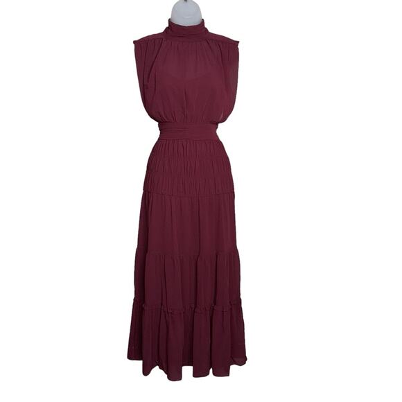 DEREK LAM 10 CROSBY Burgundy Junia Ruched Sleeveless Midi Dress Women’s - Picture 2 of 13